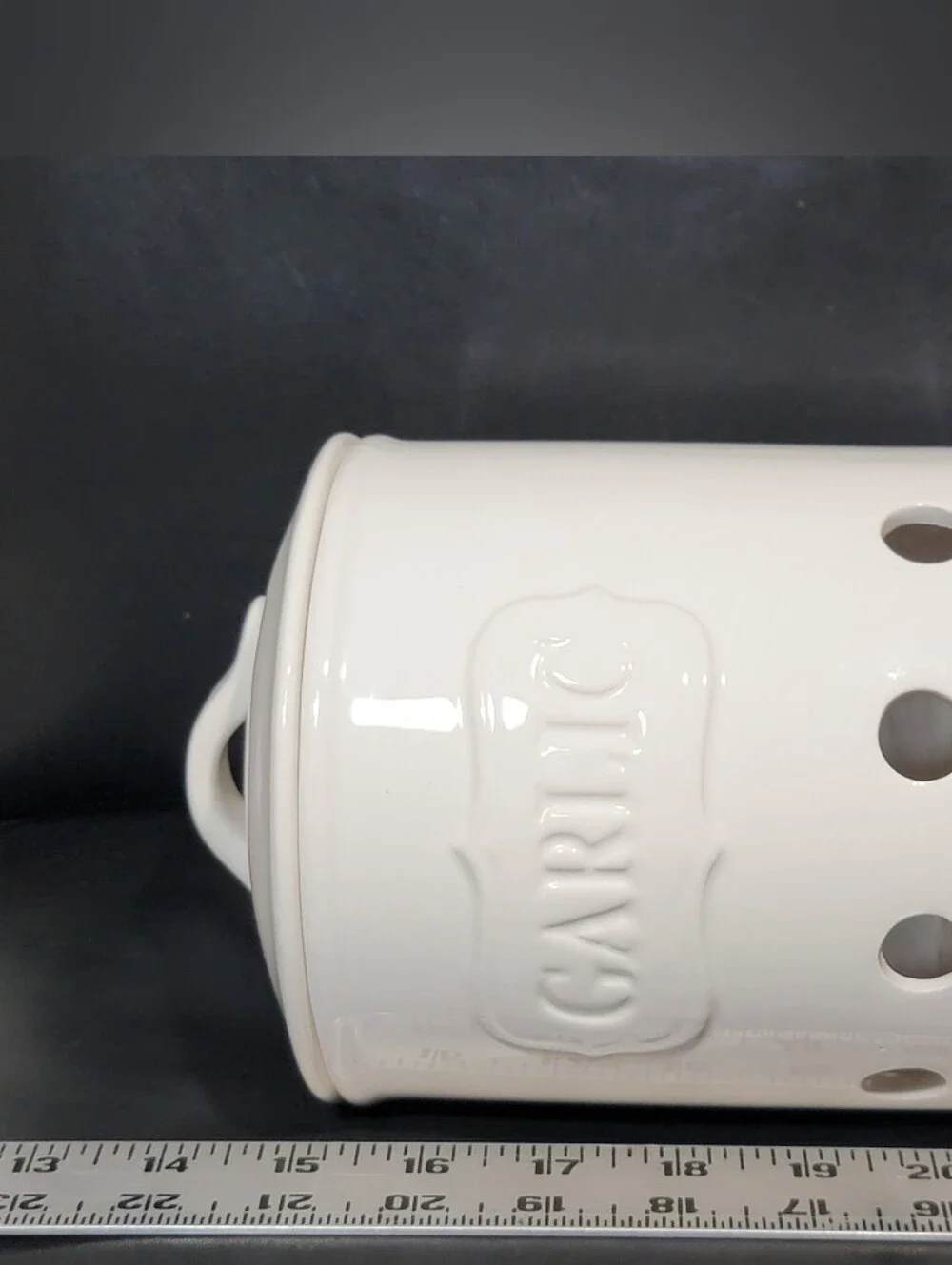 Vintage White Ceramic Garlic Keeper Canister Jar with Lid Embossed GARLIC 7
